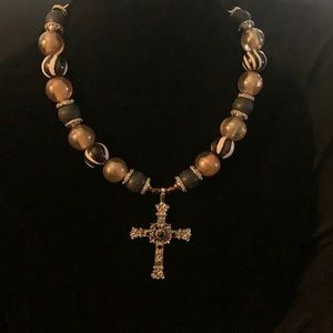 - VNTG LARGE Wood/Glass beads and Large Cross Necklace